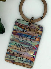 Load image into Gallery viewer, Flame Painted Not Meek & Obedient Keychain