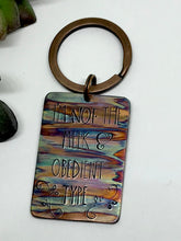 Load image into Gallery viewer, Flame Painted Not Meek & Obedient Keychain