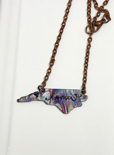 Flame Painted Copper North Carolina Home Necklace