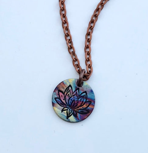 Flame Painted Copper Round Lotus Flower Necklace