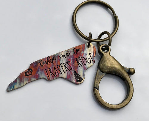 Flame Painted Copper 'Take me to Fraser's Ridge' Keychain