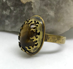 Natural Tiger Eye Brass Ring