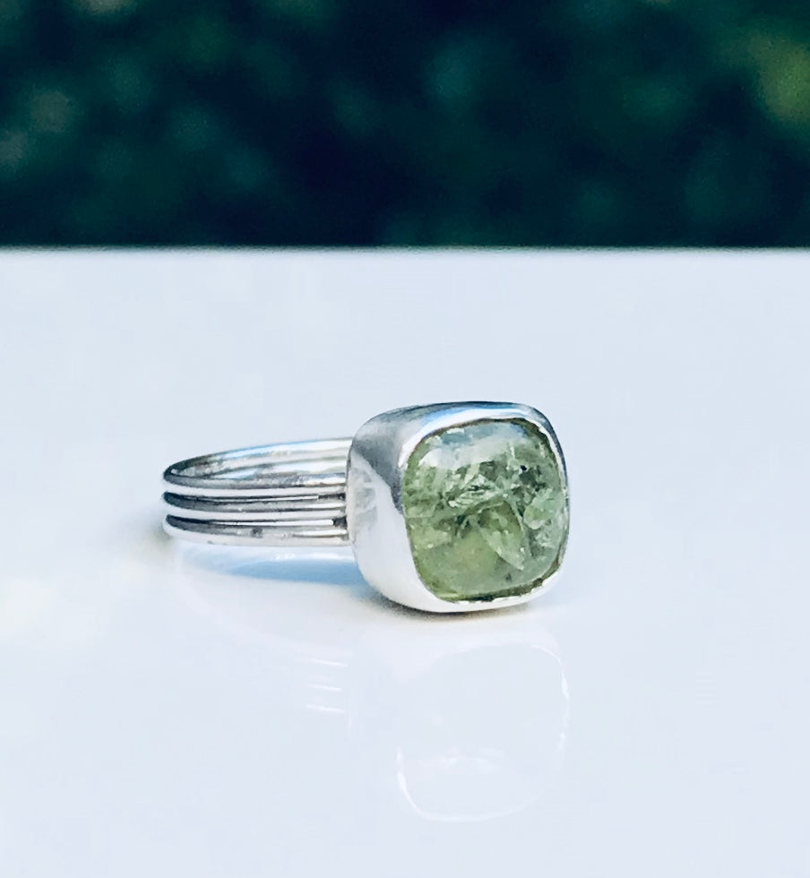 Natural Mohave Peridot Square Cut Ring