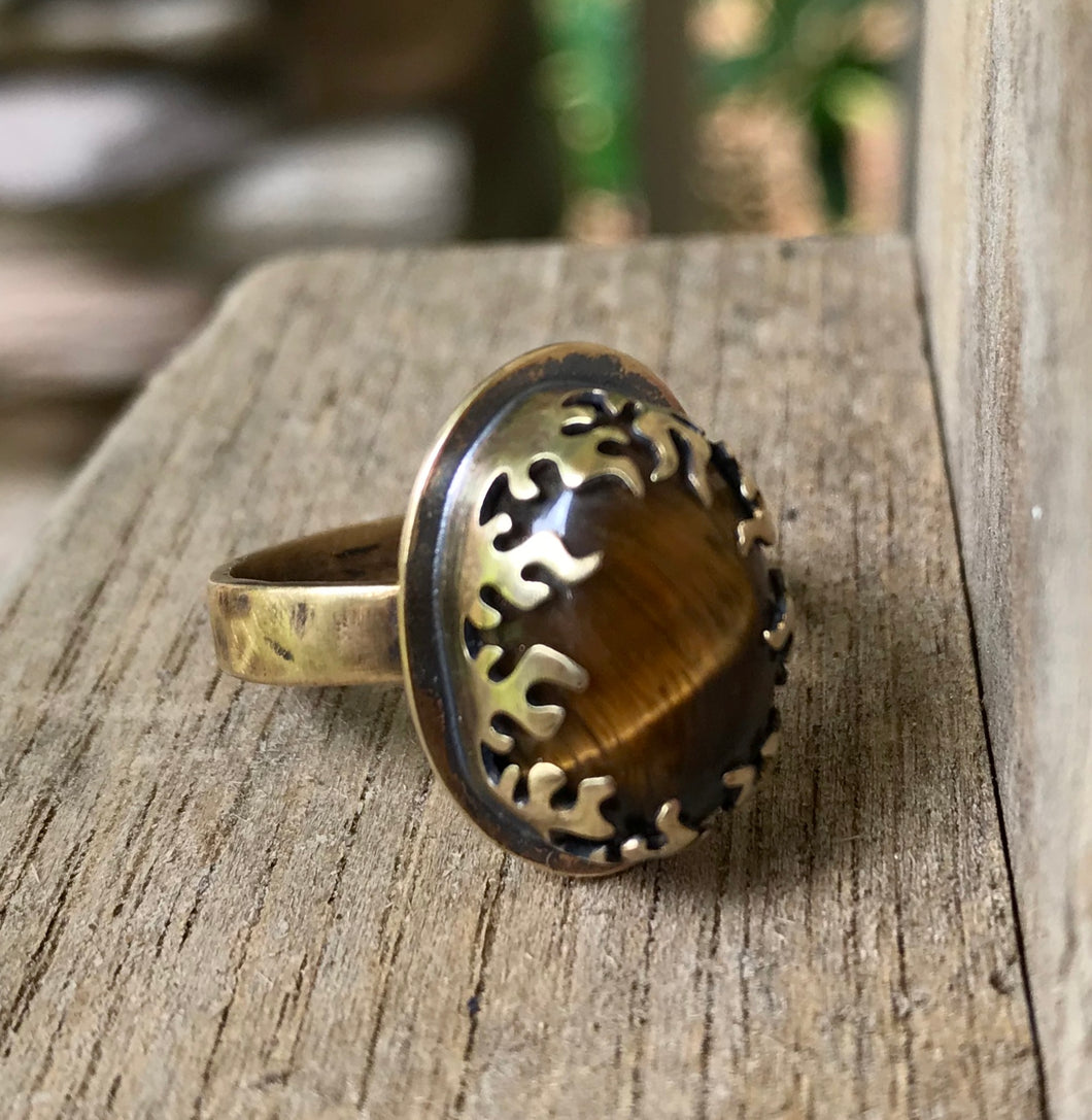 Natural Tiger Eye Brass Ring